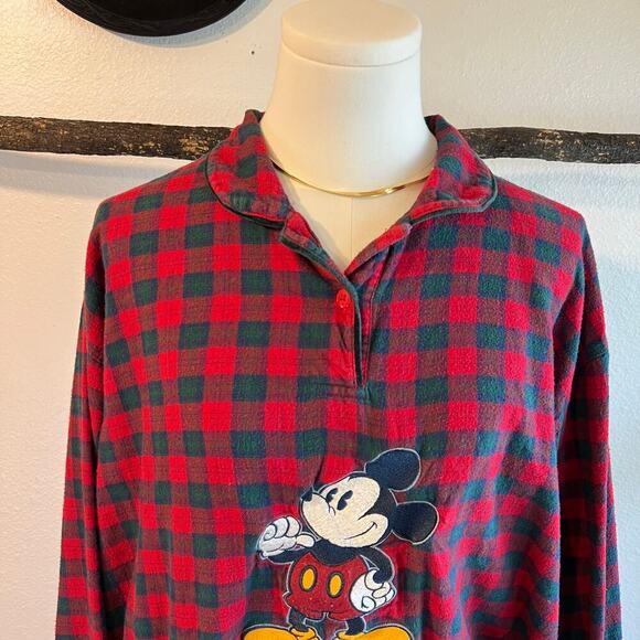 Vintage 90s Disney Mickey Mouse Red Cotton Flannel Sleep Shirt Size XL - Picture 9 of 12